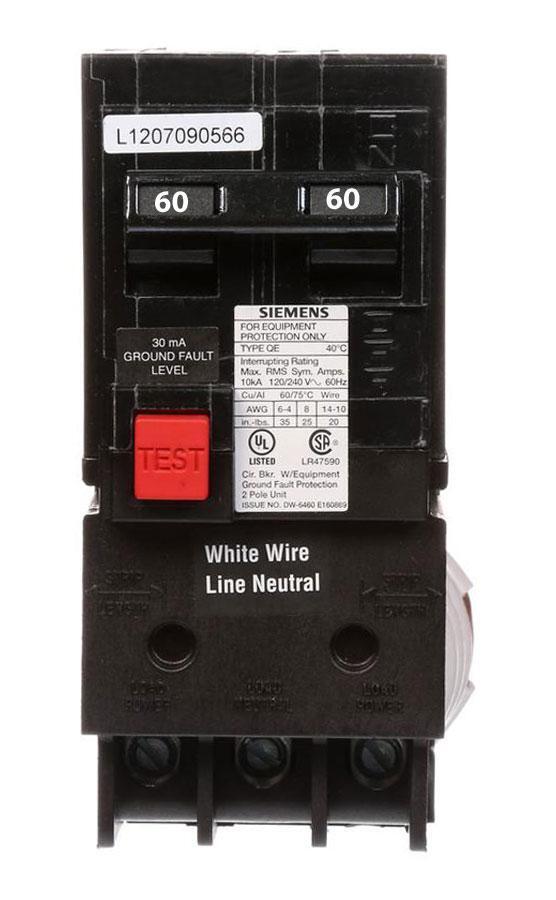 QE260 Type QE 60A 2Pole Circuit Breaker EQ. Prot Gnd Fault