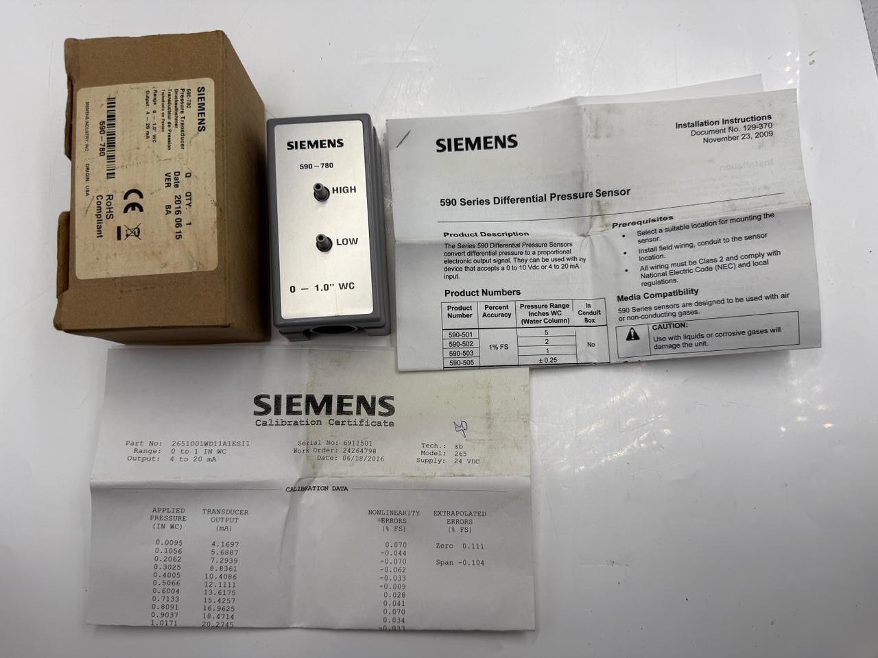 590-780 0-1" WC 4-20mA Differential Pressure Transducer