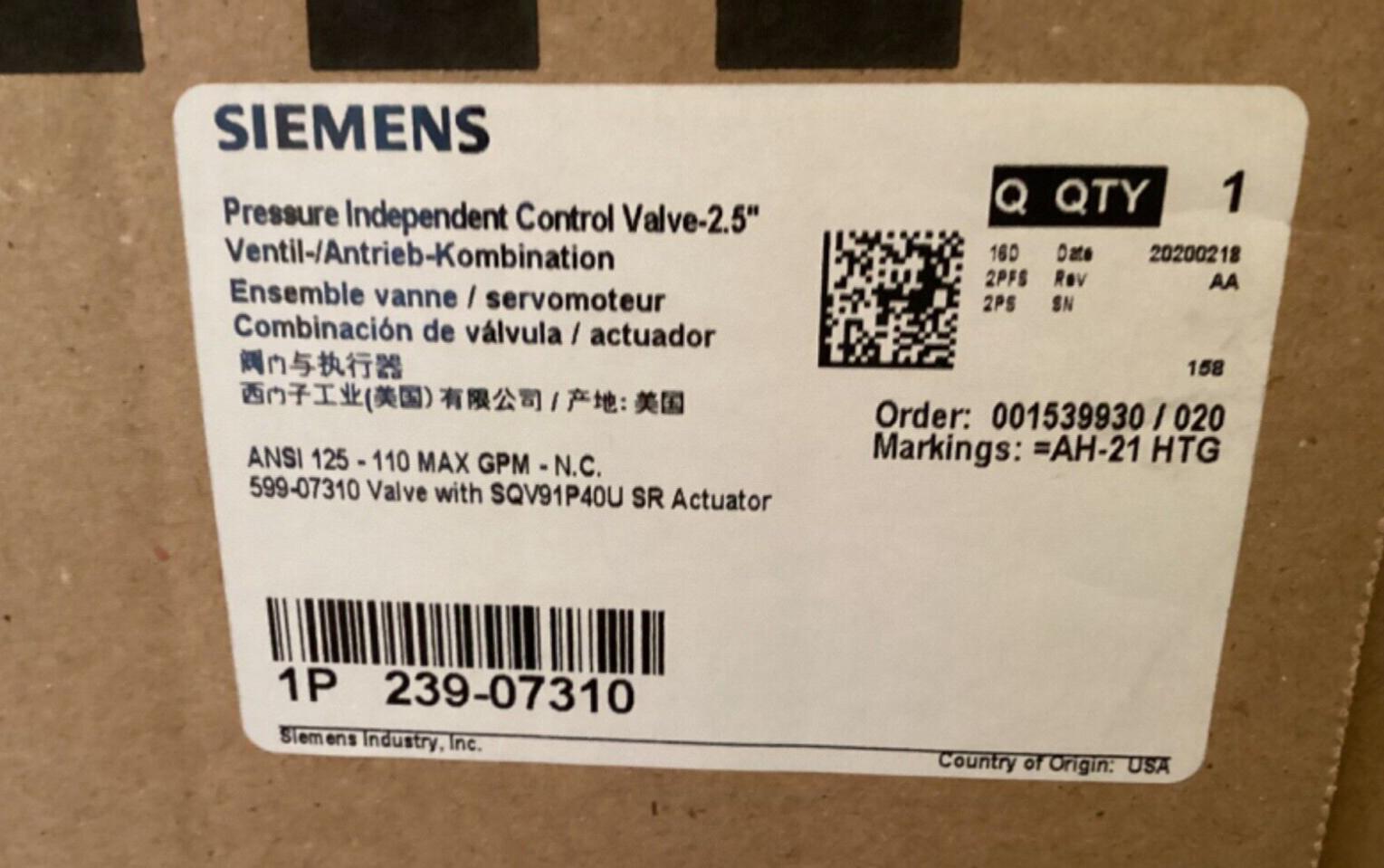 Pressure Independent Control Valve 2.5, 239-07310, SQV91P4OU SR Actuator