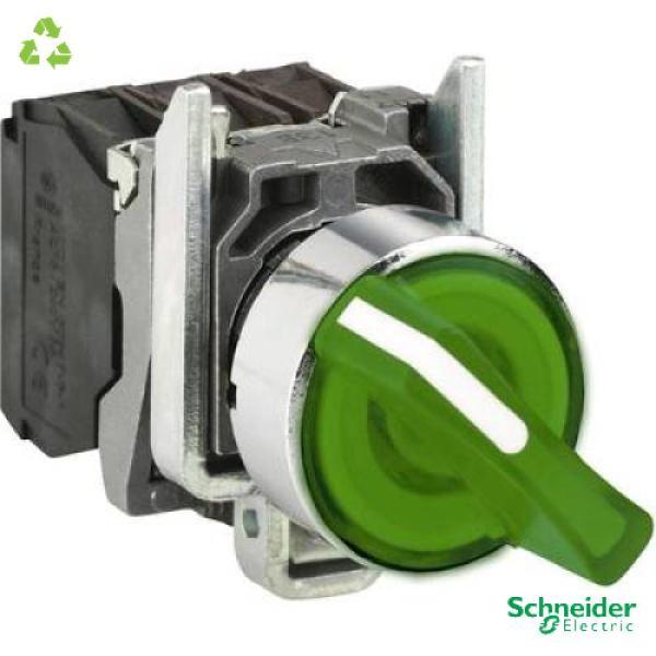 Illuminated selector switch, Harmony XB4, metal, green handle, 22mm, universal LED, 2 positions, 1NO + 1NC, 110...120V AC