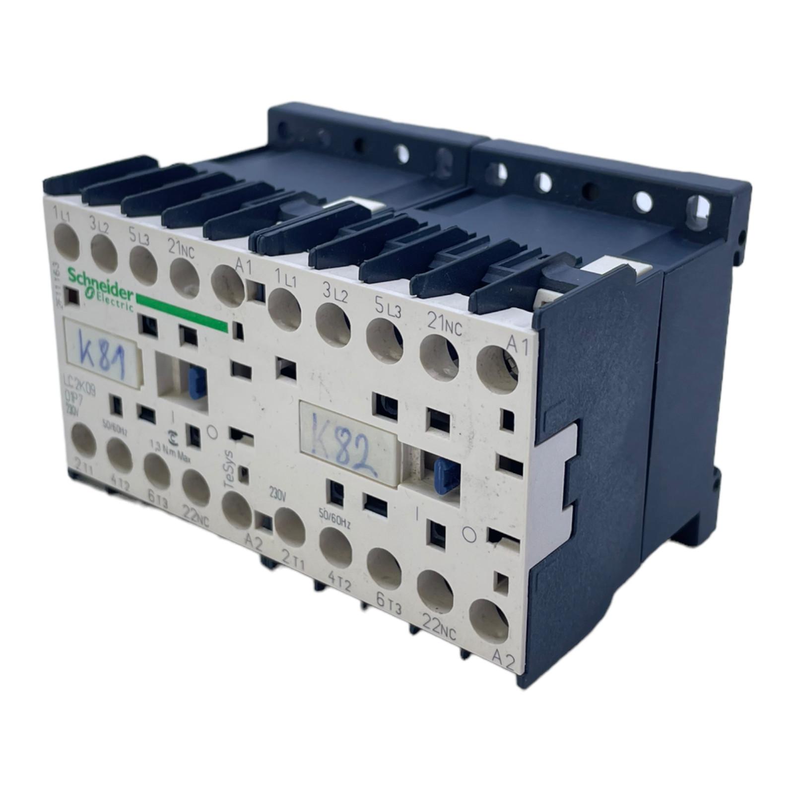 Reversing contactor, TeSys K, 3P, AC-3, lt or eq to 440V 9A, 1 NC, 230VAC coil