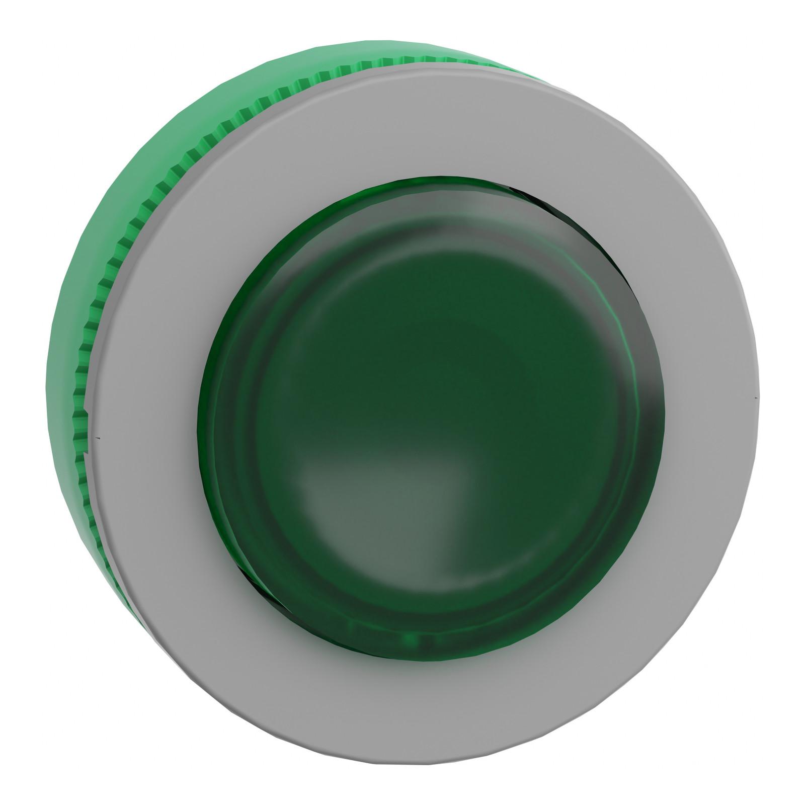 Head for illuminated push button, Harmony XB5, grey bezel, green projecting, 30mm, universal LED, spring return, unmarked