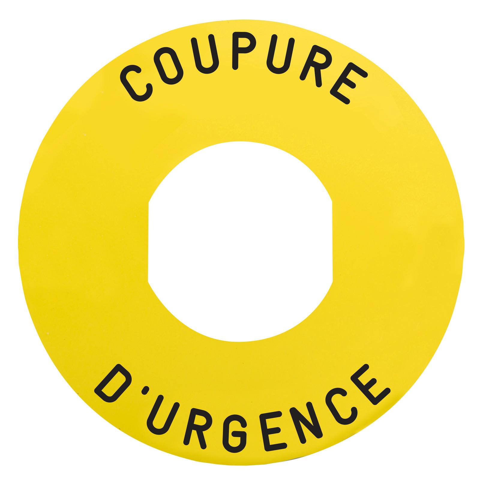 Marked legend, Harmony XB4, Harmony XB5, yellow, 60mm, for emergency stop, marked COUPURE D'URGENCE/logo ISO13850