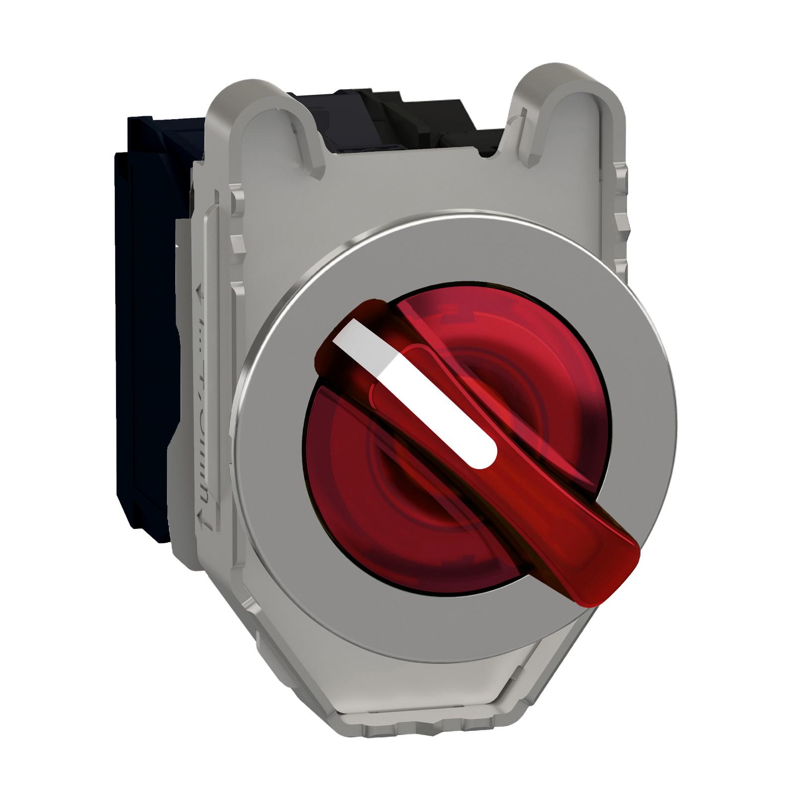 Illuminated selector switch, Harmony XB4, metal, red handle, 30mm, universal LED, 2 positions, 1NO + 1NC, 230...240V AC