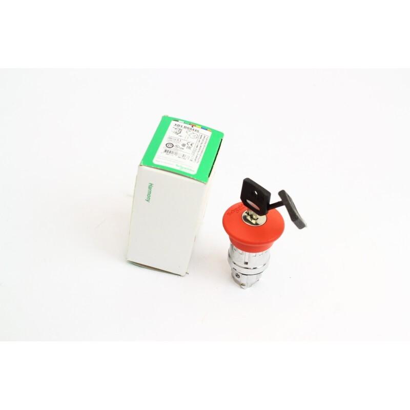 Emergency stop push button, Harmony XB4, metal, red mushroom, 40mm, 22mm, trigger latching key release, 1NO+1NC