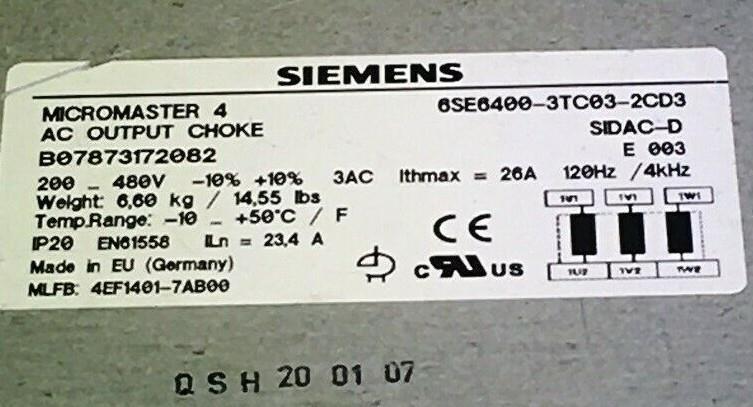6SE6400-3TC03-2CD3 Micromaster AC Output Choke
