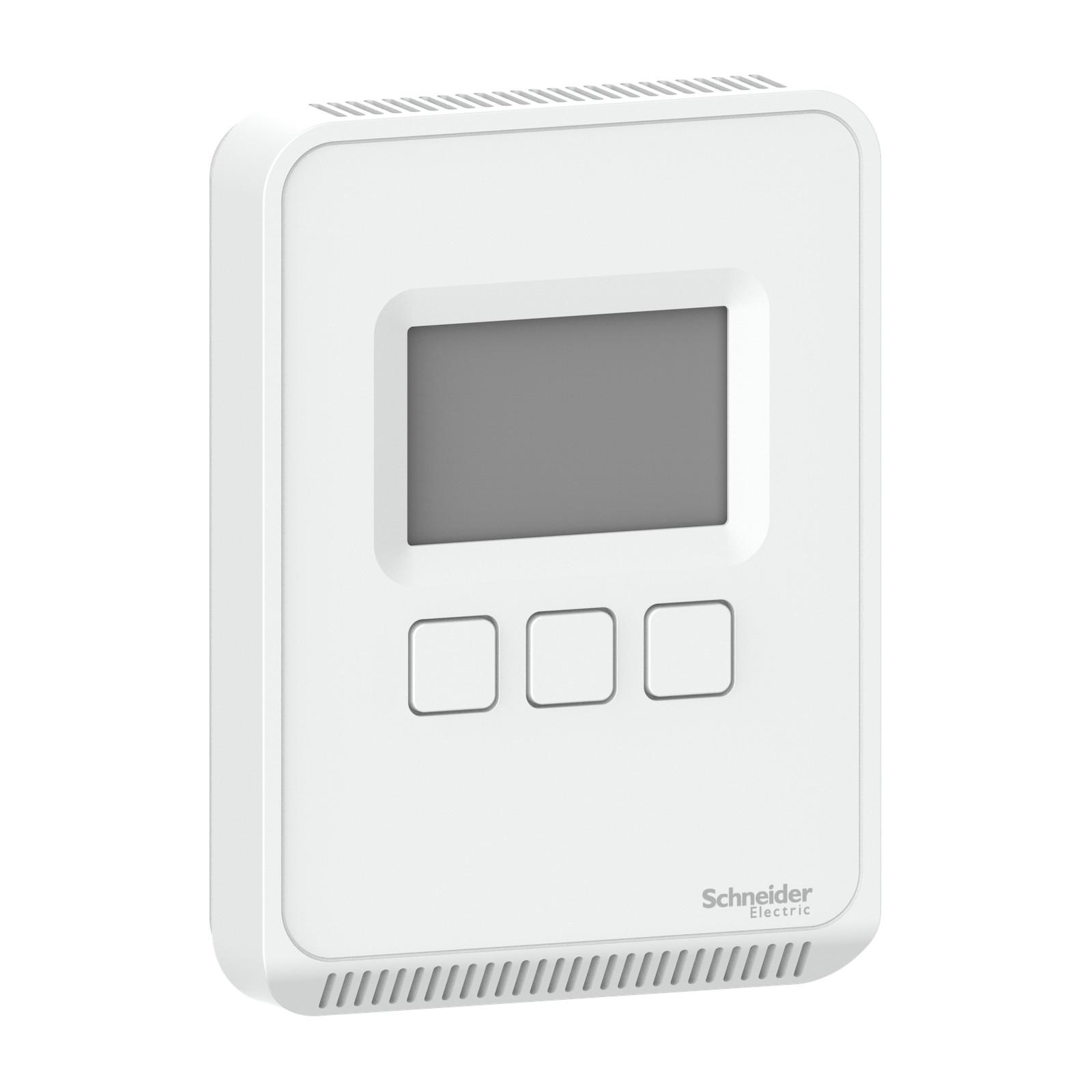 Sensor, SpaceLogic SLA Series, room, CO2, VOC, humidity, temperature, segmented LCD, analog outputs, matte white housing