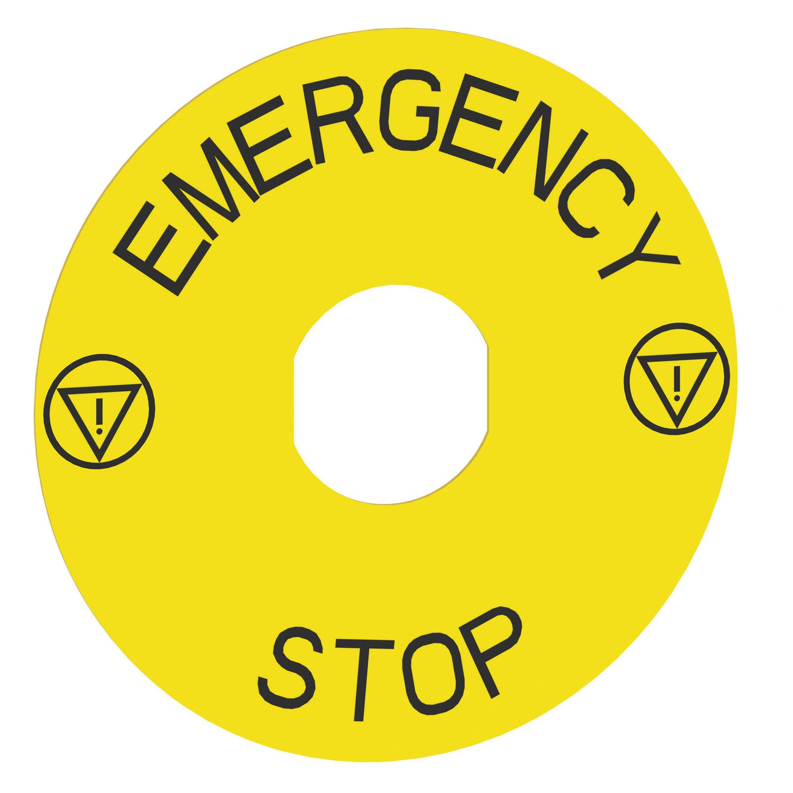 Legend, Harmony 9001K, Harmony 9001SK, 30mm, aluminium, yellow with black letters, 60mm circular for emergency stop, marking EMERGENCY STOP