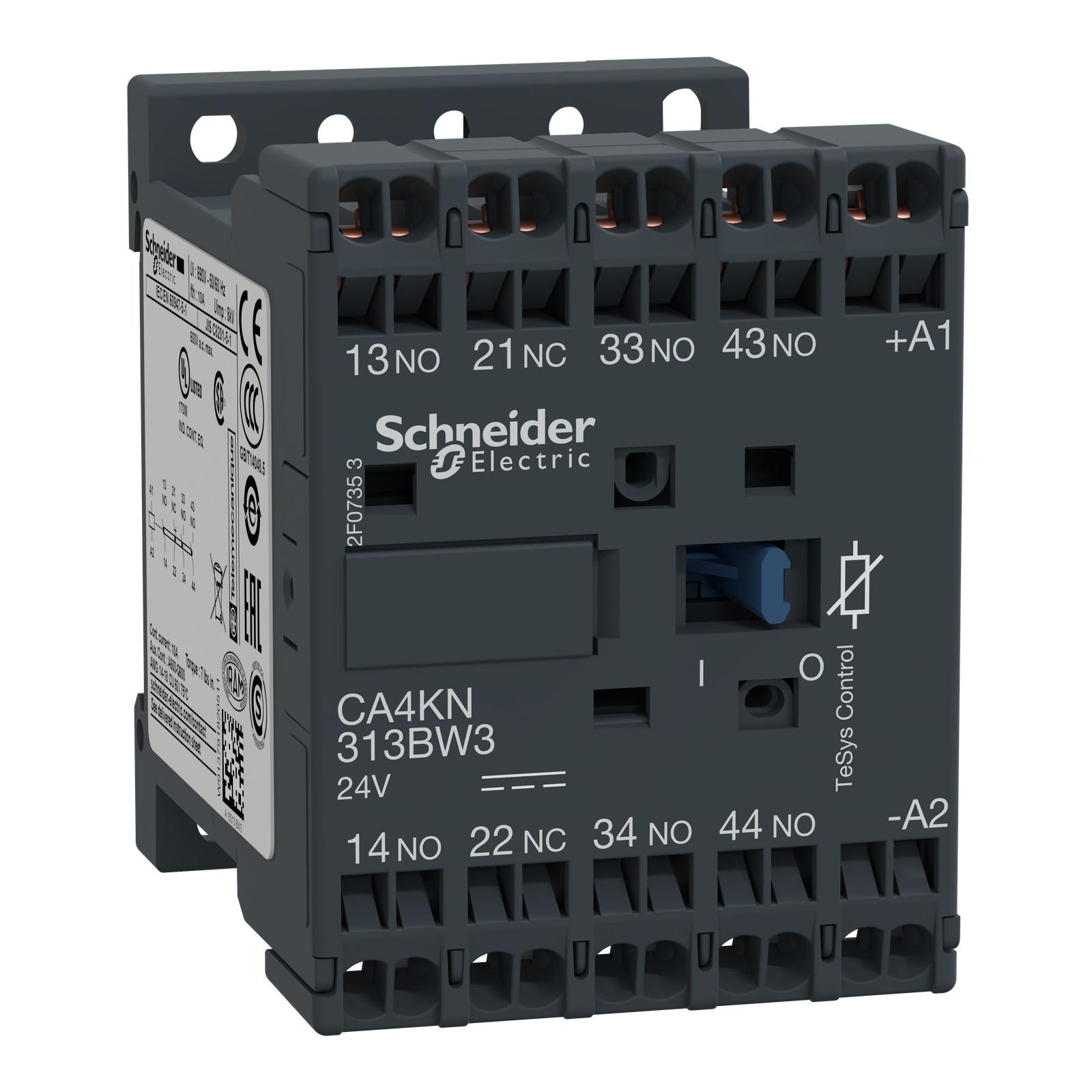 Control relay, TeSys K, 3 NO + 1 NC, lt or eq to 690V, 24VDC low consumption coil