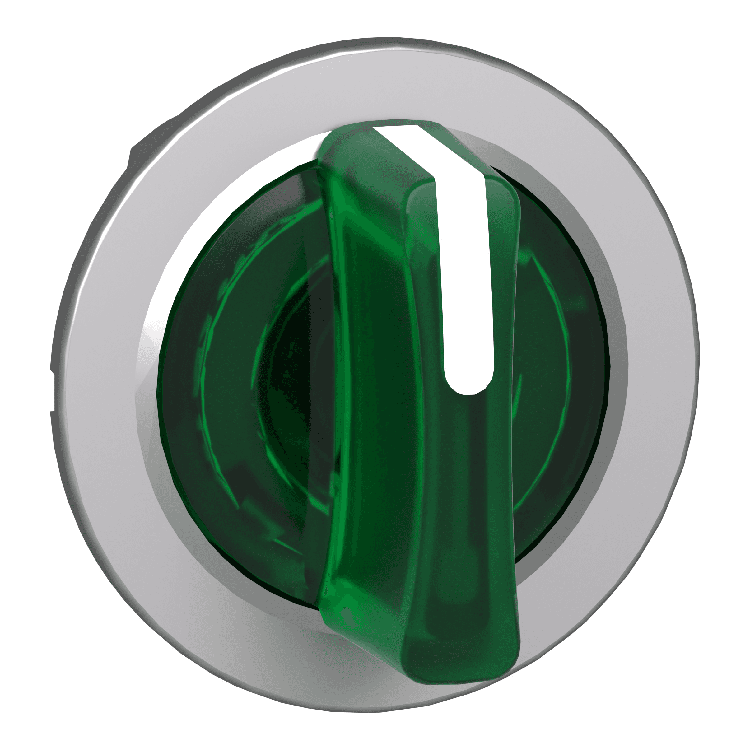 Head for illuminated selector switch, Harmony XB4, metal, green handle, 30mm, universal LED, 3 positions, right to center