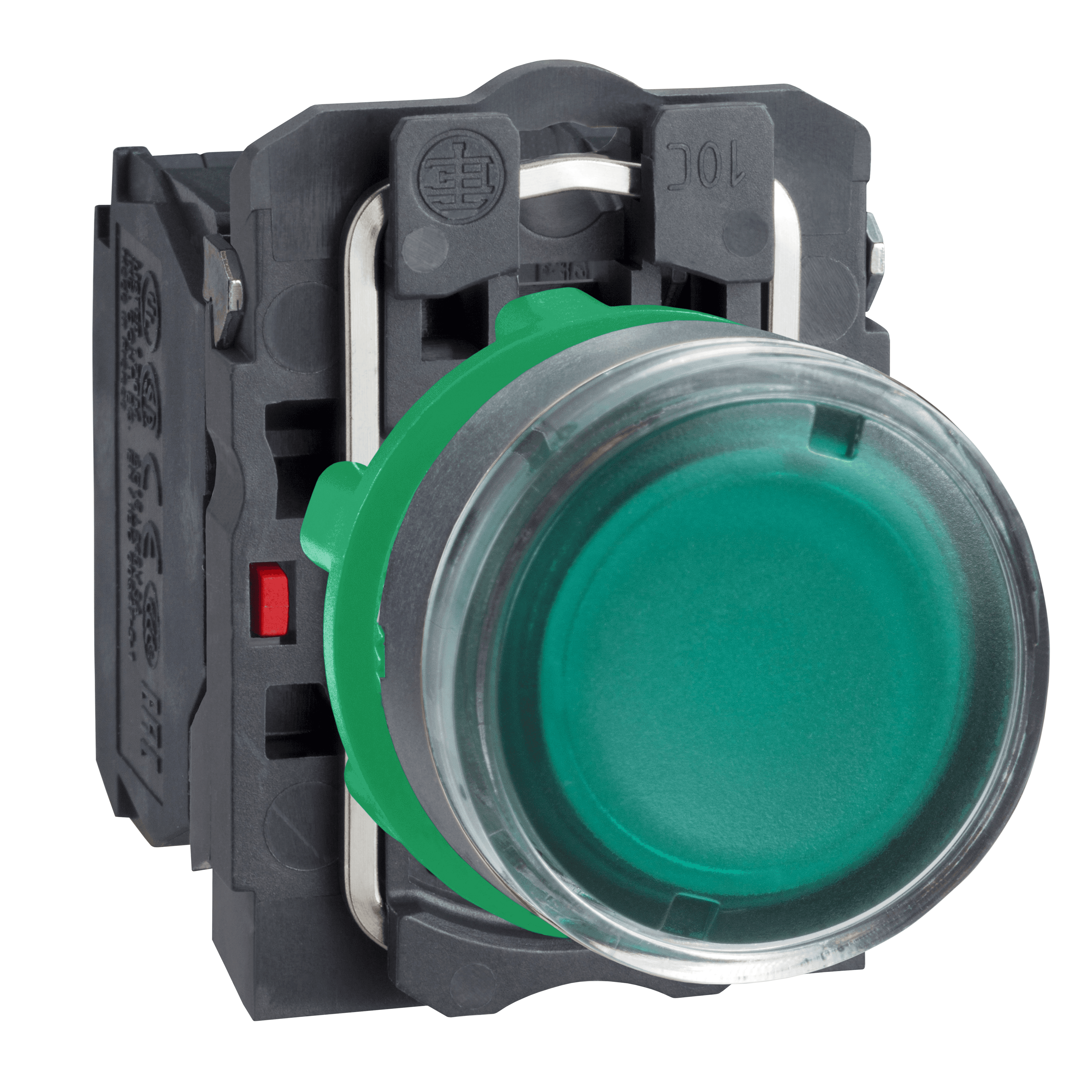 Illuminated push button, Harmony XB5, plastic, flush, green, 22mm, plain lens for BA9s bulb, spring return, lower than 250V, 1NO + 1NC