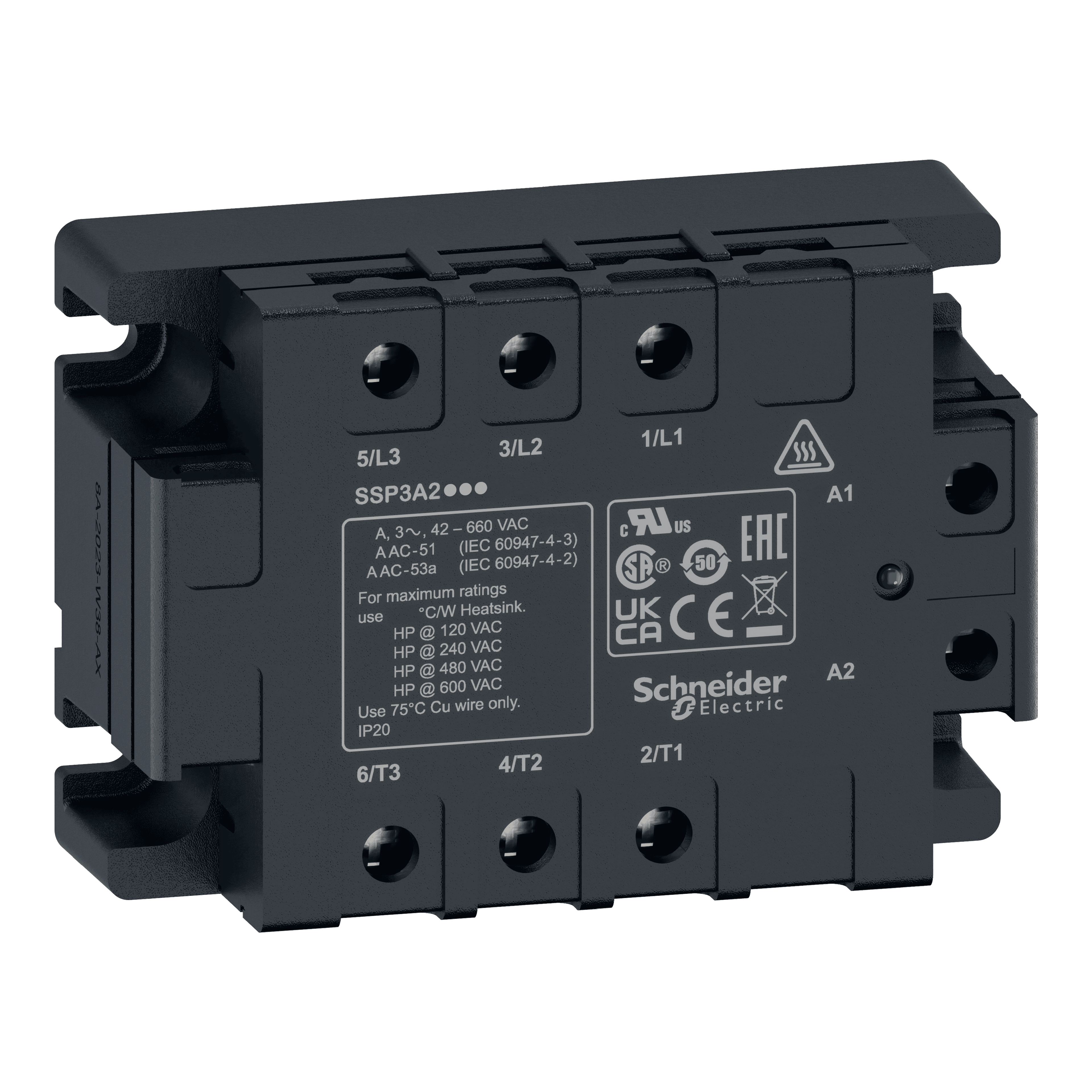 three phase relay, Harmony Solid State Relays, 50A, panel mount, zero voltage switching, input 180 to 280V AC, output 48 to 530V AC