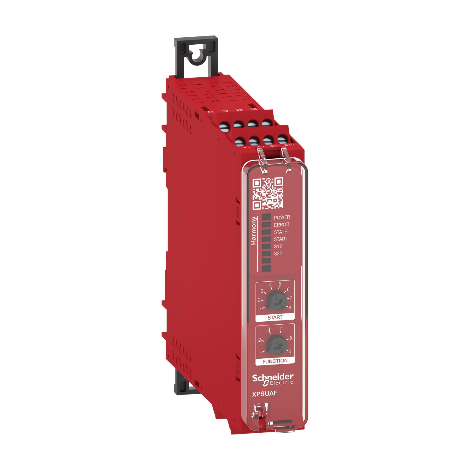 safety module, Harmony XPSU, Cat 4, potential free 2 NC, NO NC, 2 PNP, 48 to 240V AC or DC, screw