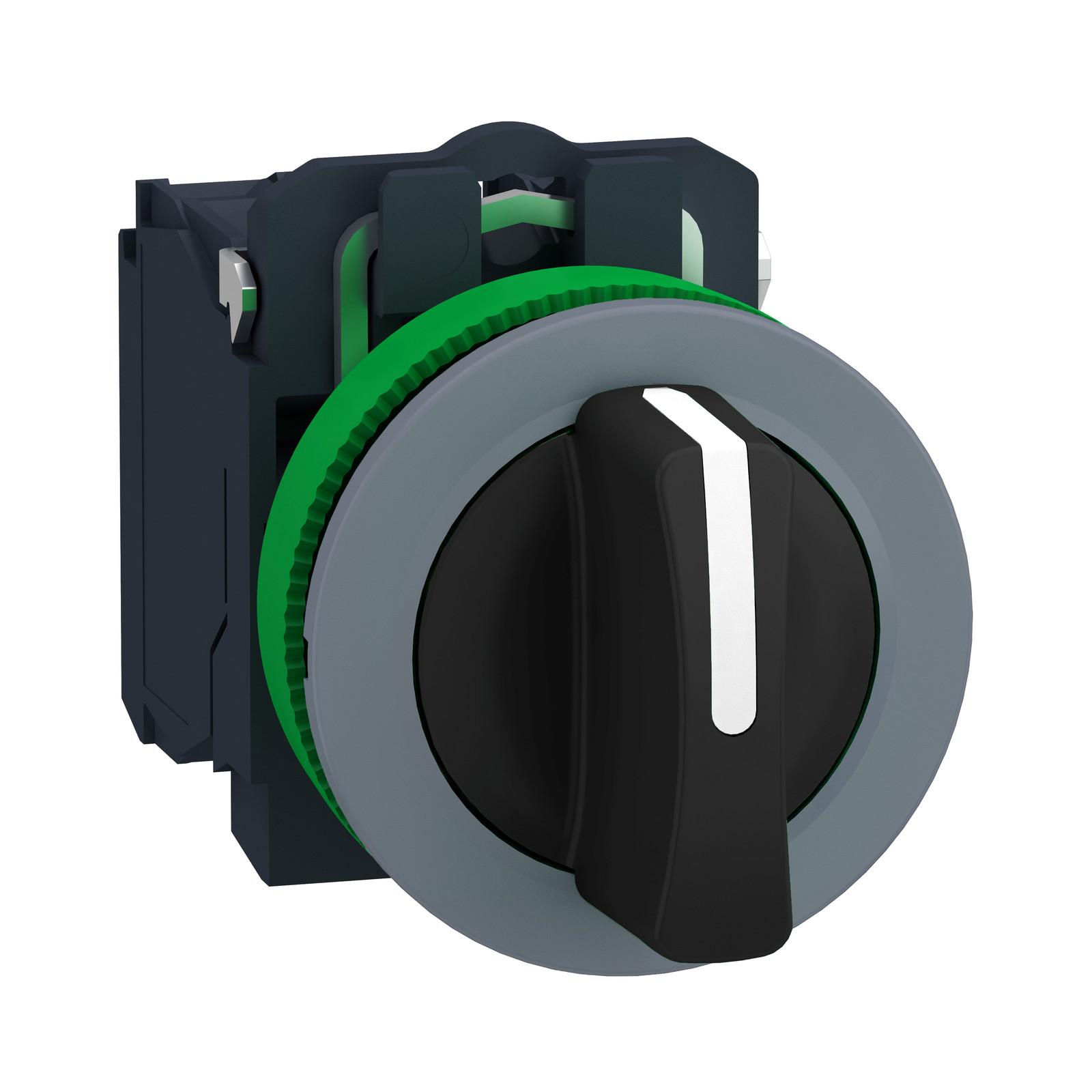 Selector switch, Harmony XB5, flush mounted, grey bezel, 30mm, 3 positions, black standard handle, stay put, 2NO