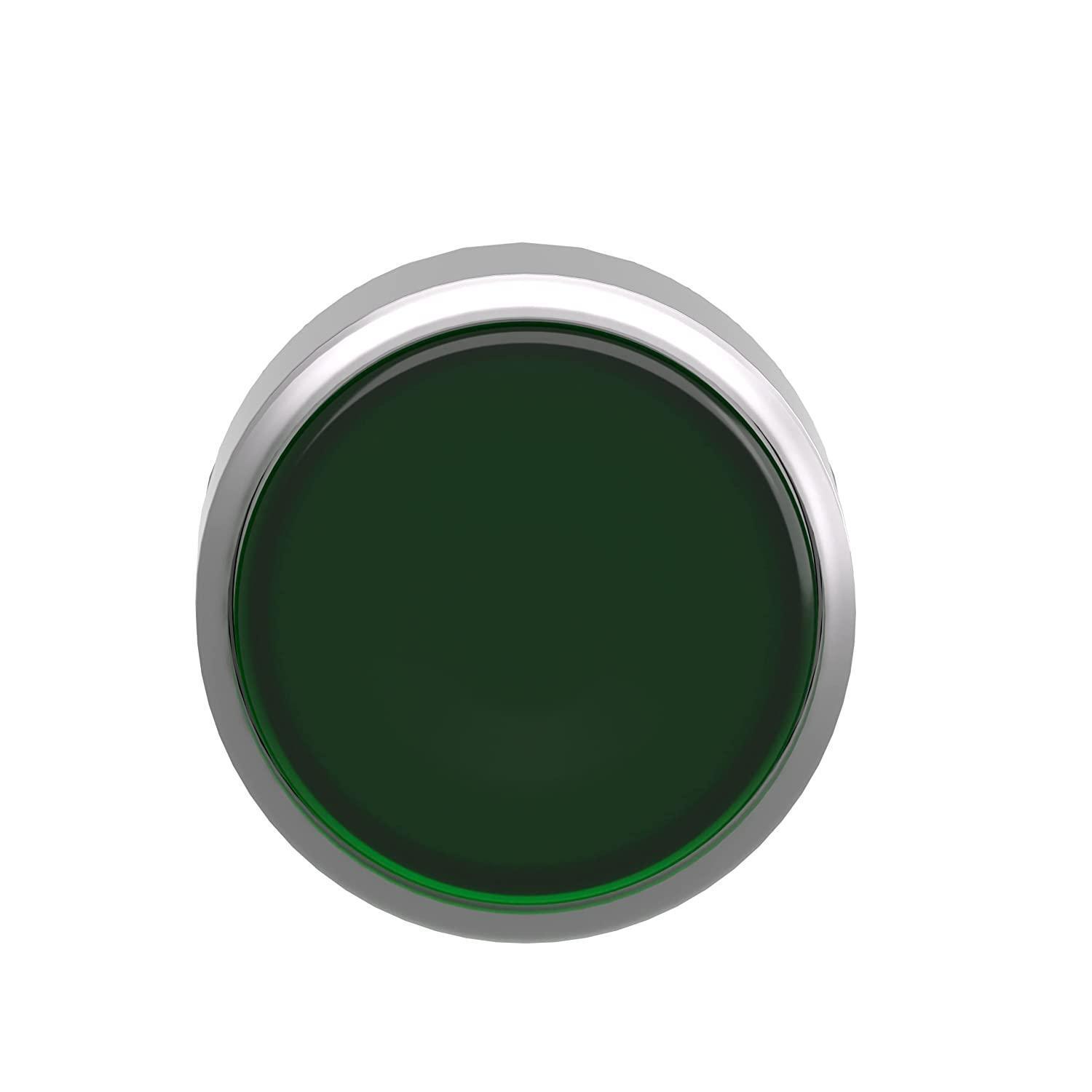 Head for illuminated push button, Harmony XB4, metal, green flush, 22mm, universal LED, spring return, plan lens
