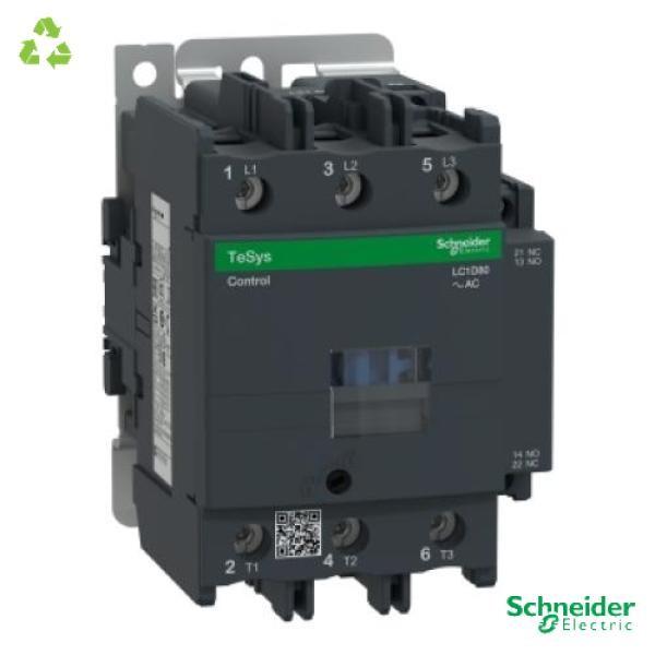 IEC contactor, TeSys Deca, nonreversing, 80A, 60HP at 480VAC, up to 100kA SCCR, 3 phase, 3 NO, 220VAC 50/60Hz coil, open
