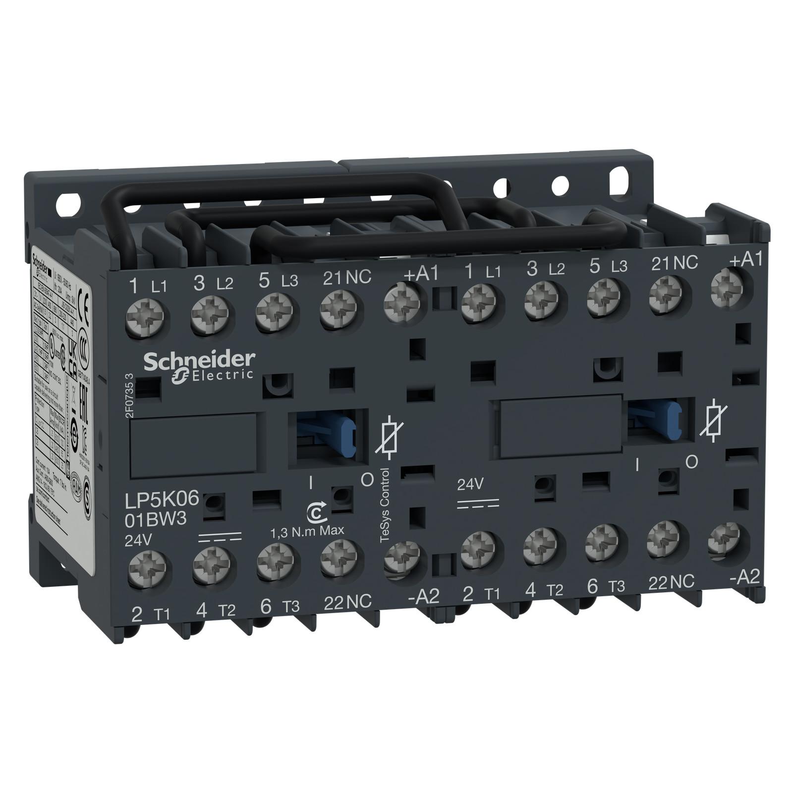 Reversing contactor, TeSys K, 3P, AC-3, lt or eq to 440V 6A, 1 NC, 24VDC coil