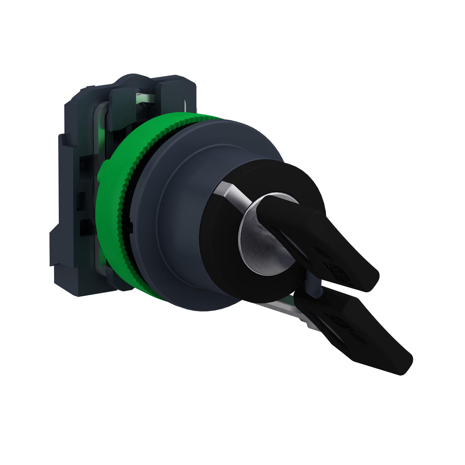 Key switch selector flush mounted, Harmony XB5, plastic, black, 30mm, key 455, 2 positions, spring return right to left, 1 NO