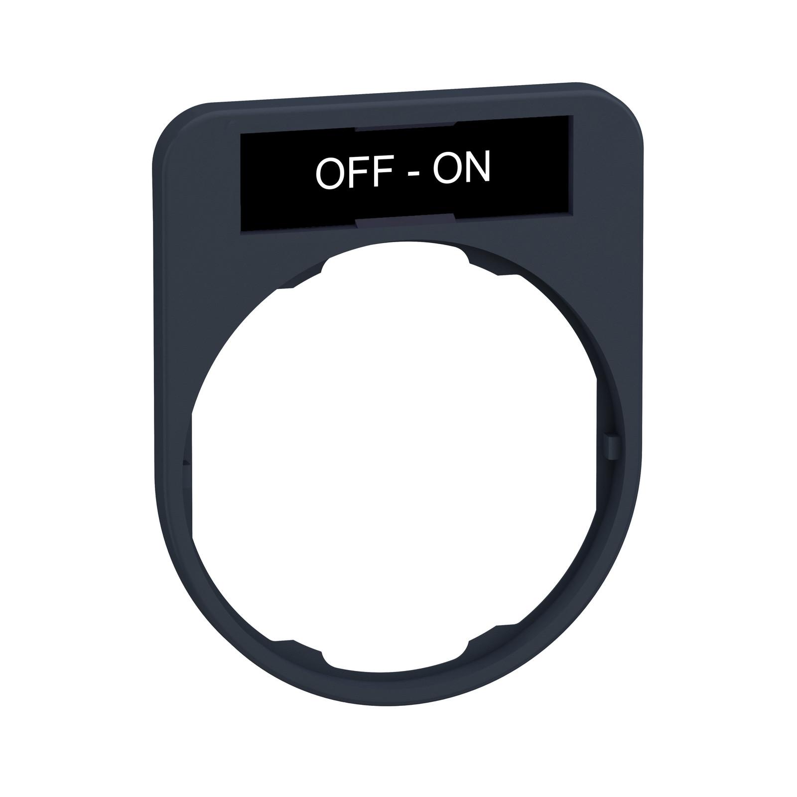 Legend holder, Harmony XB5, 40 x 50mm, for flush mounted heads, plastic, dark grey, white marked OFF-ON