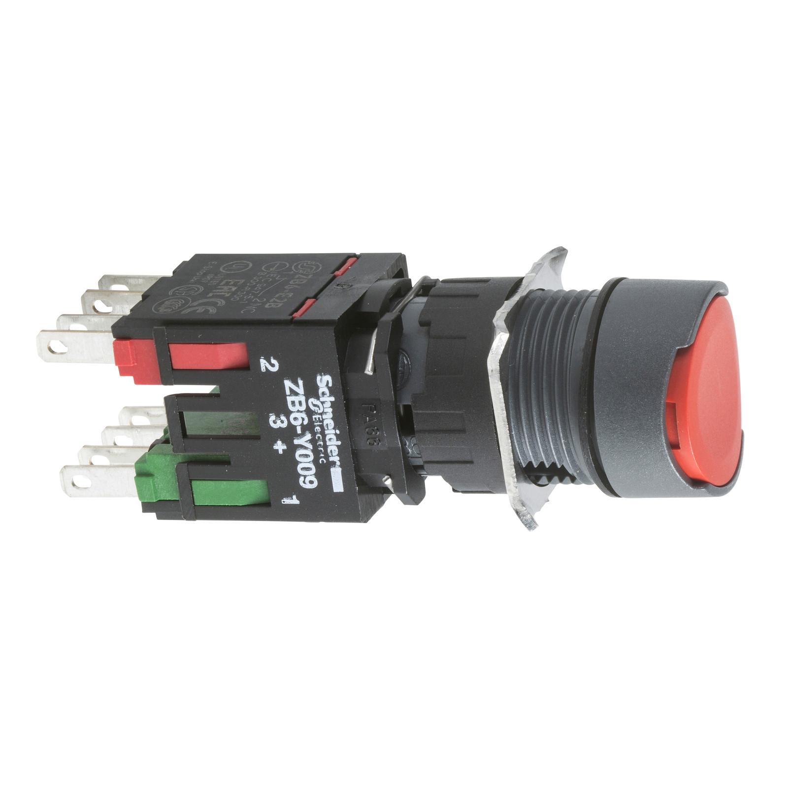 Complete push button, Harmony XB6, red flush pushbutton, 16mm, spring return, 1NO + 1NC, unmarked