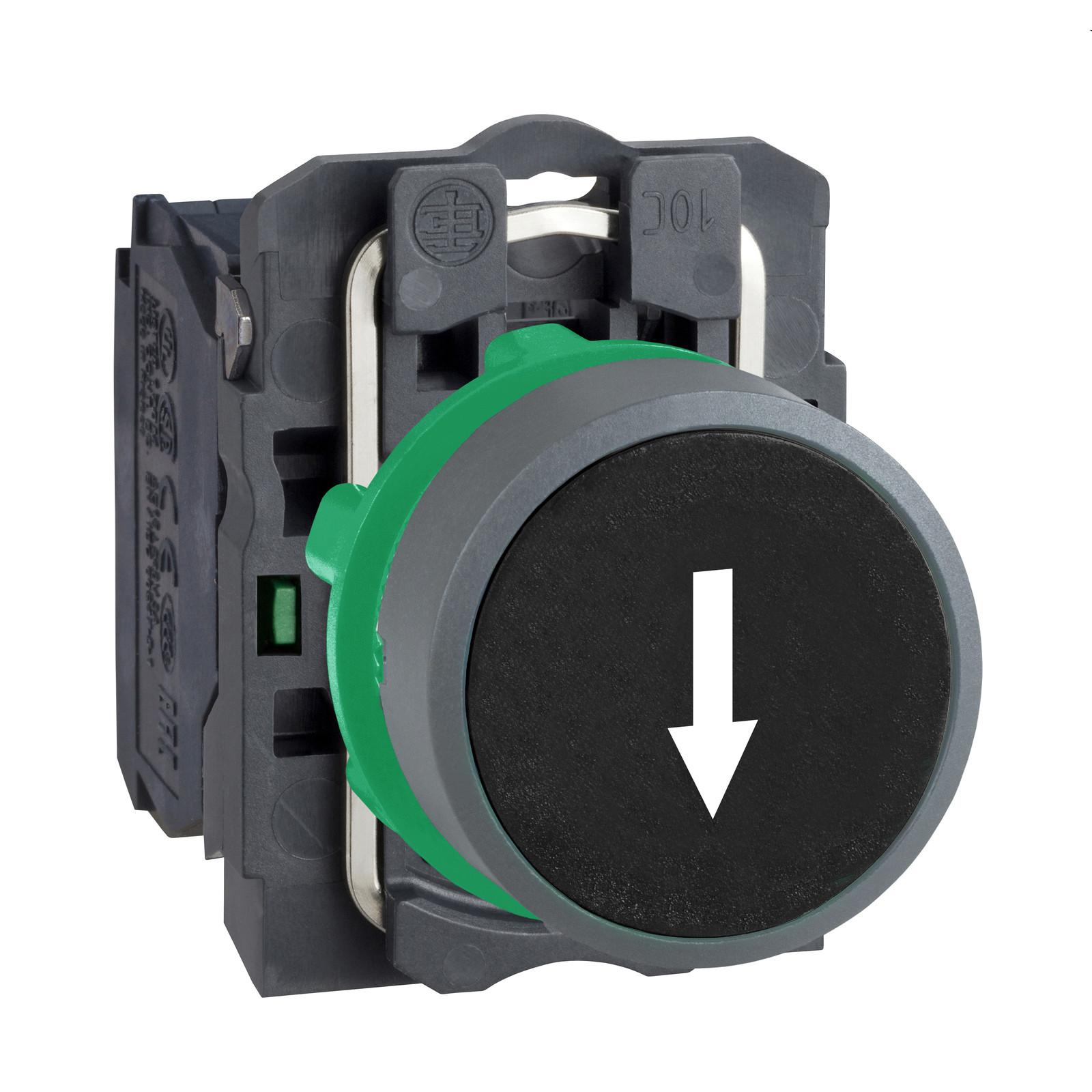 Push button, Harmony XB5, black flush, grey bezel, 22mm, spring return, 1NO, white marked arrow