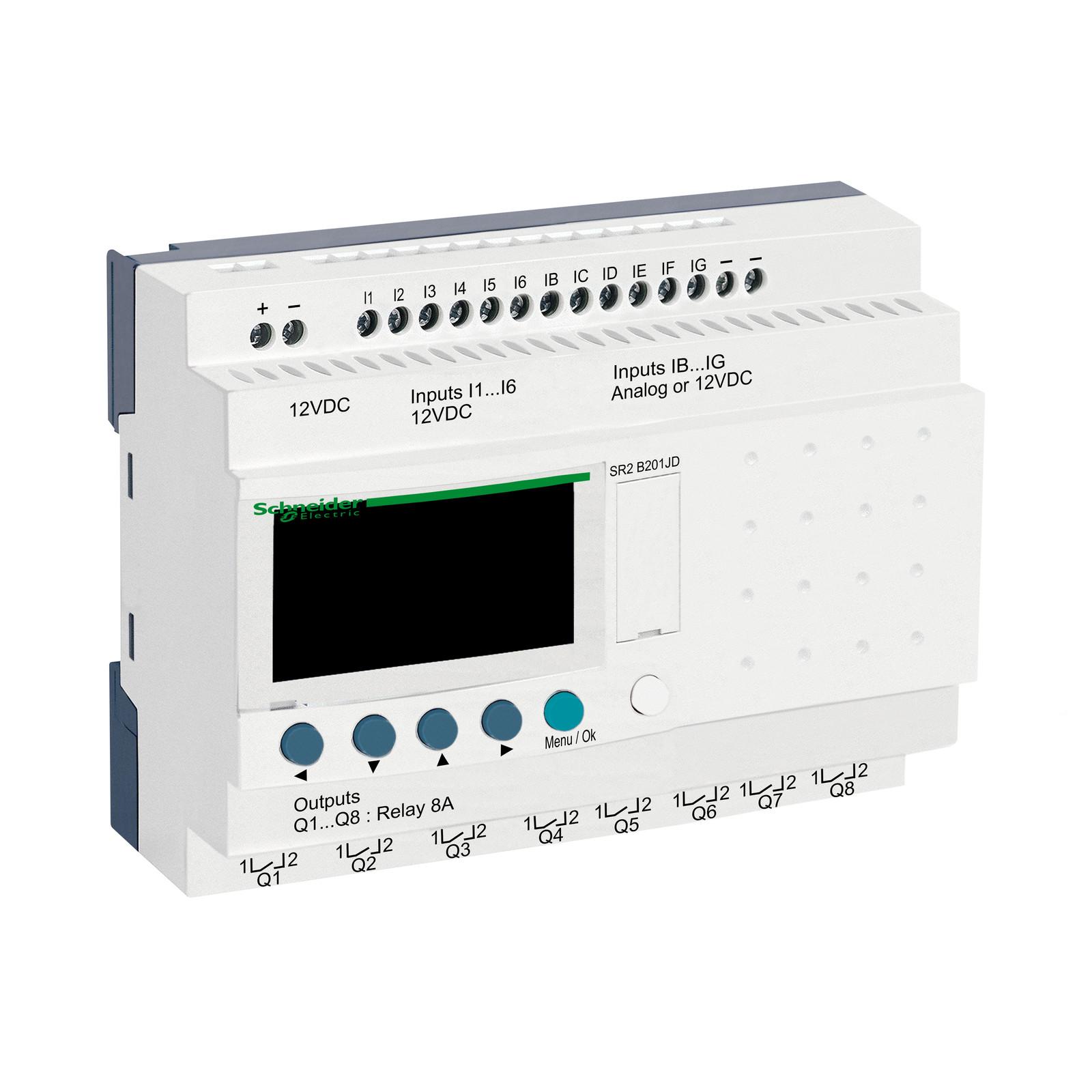 compact smart relay, Zelio Logic SR2 SR3, 20 IO, 12V DC, clock, display