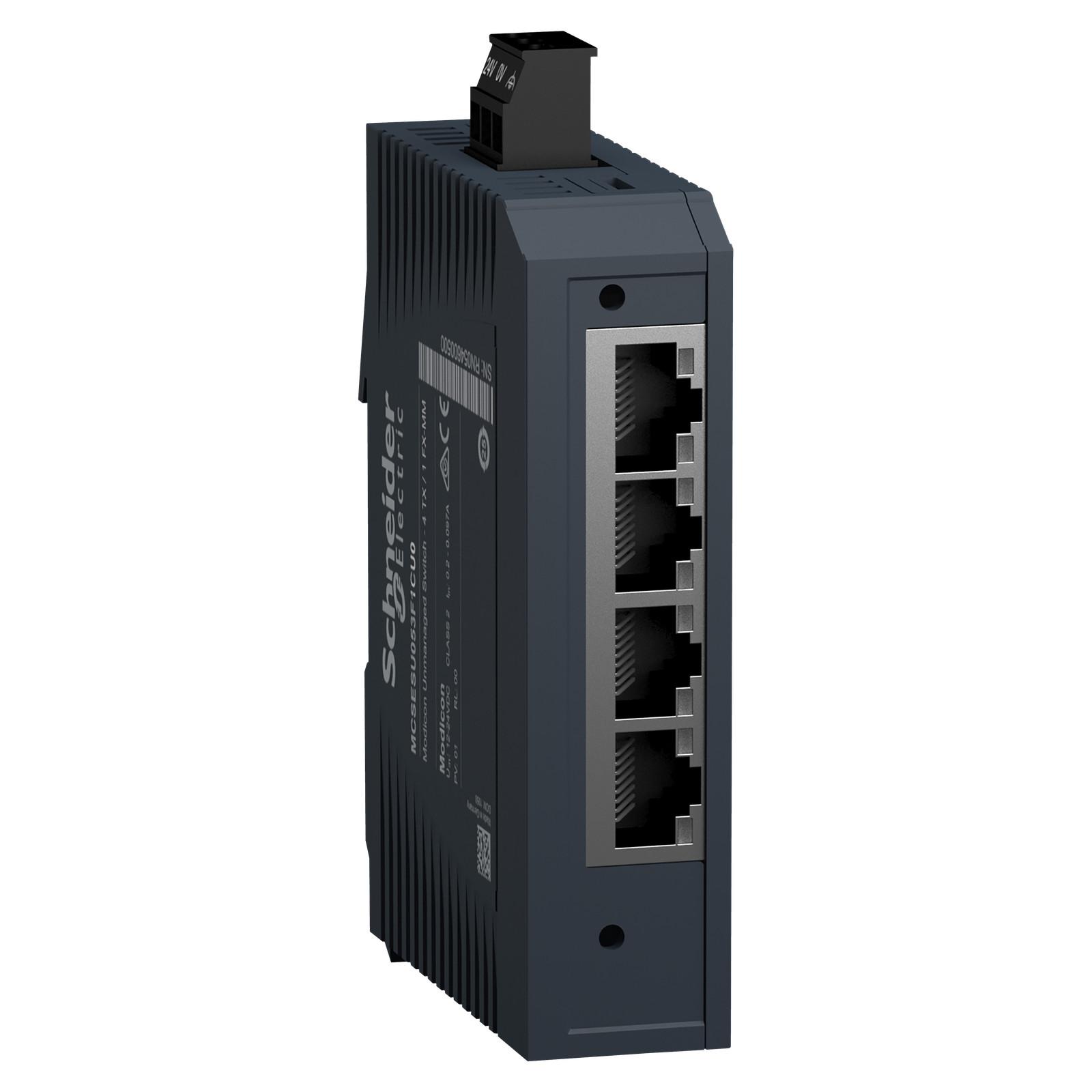 network switch, Modicon networking, standard unmanaged, 4 ports for copper with 1 port for multimode fiber optic
