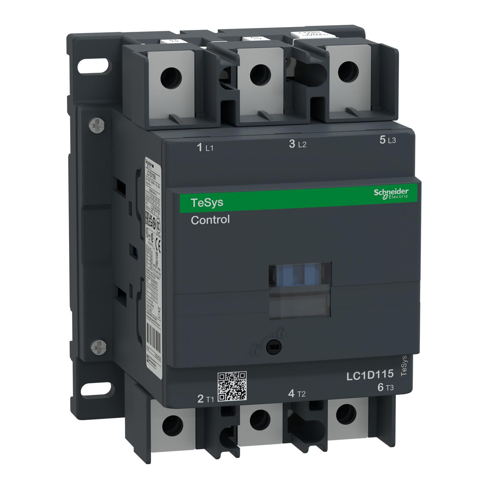 IEC contactor, TeSys Deca, nonreversing, 115A, 75HP at 480VAC, 3 phase, 3 pole, 3 NO, 220VAC 50/60Hz coil, open style