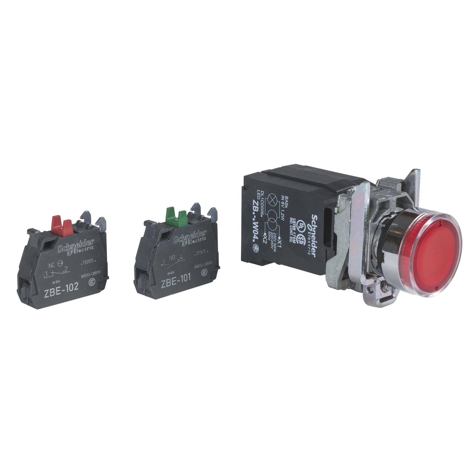 illuminated push button, Harmony XB4, red, 22mm, spring return, 1NO+1NC, 220...240 V
