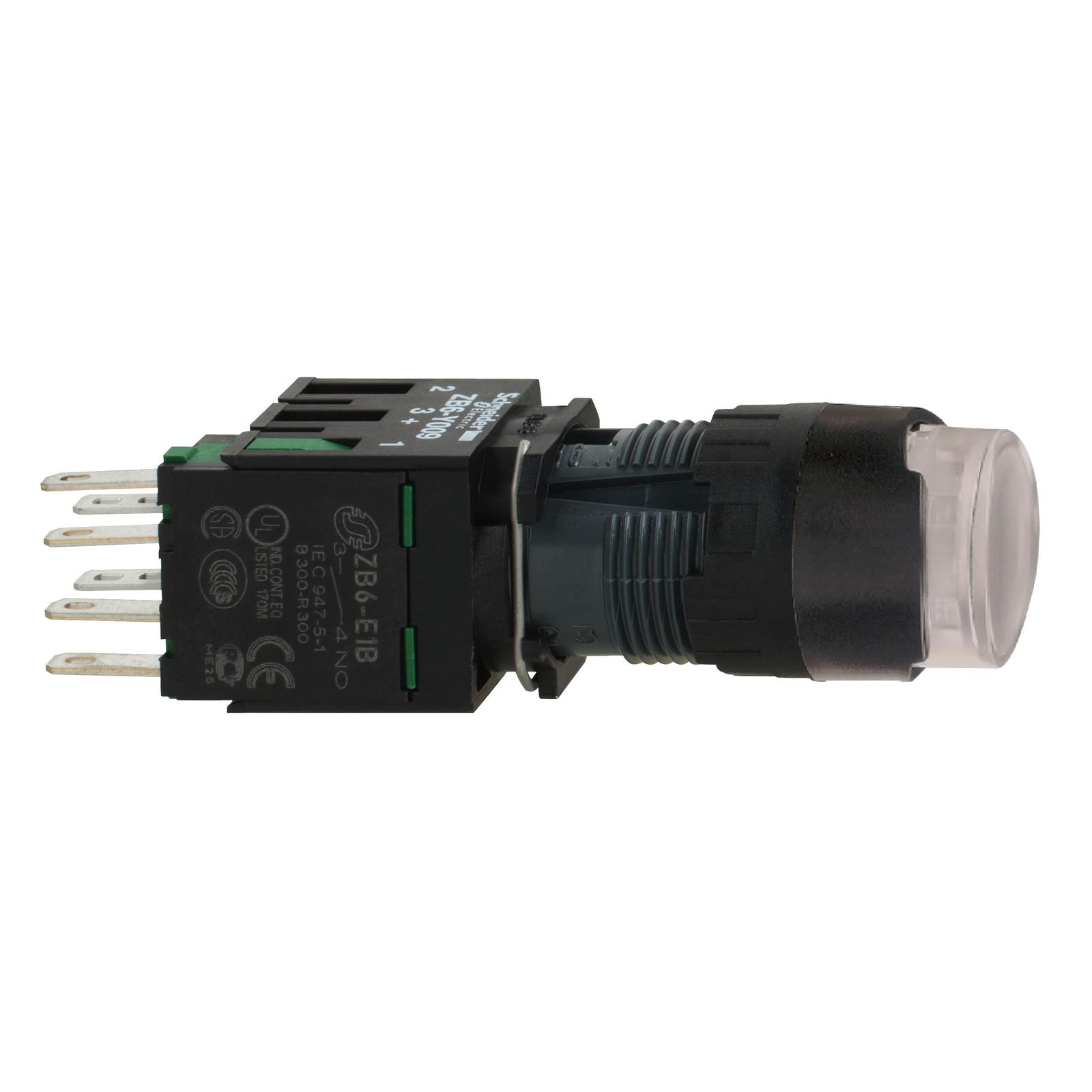 Complete illuminated push button, Harmony XB6, white projecting illum pushbutton Ø 16 spring return 1 NO 12...24 V