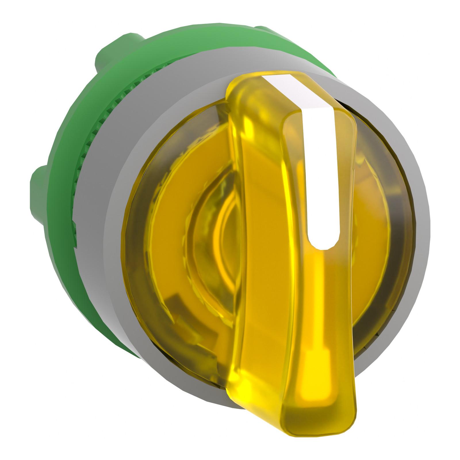 Head for illuminated selector switch, Harmony XB5, grey bezel, yellow handle, 22mm, universal LED, 3 positions, left to center