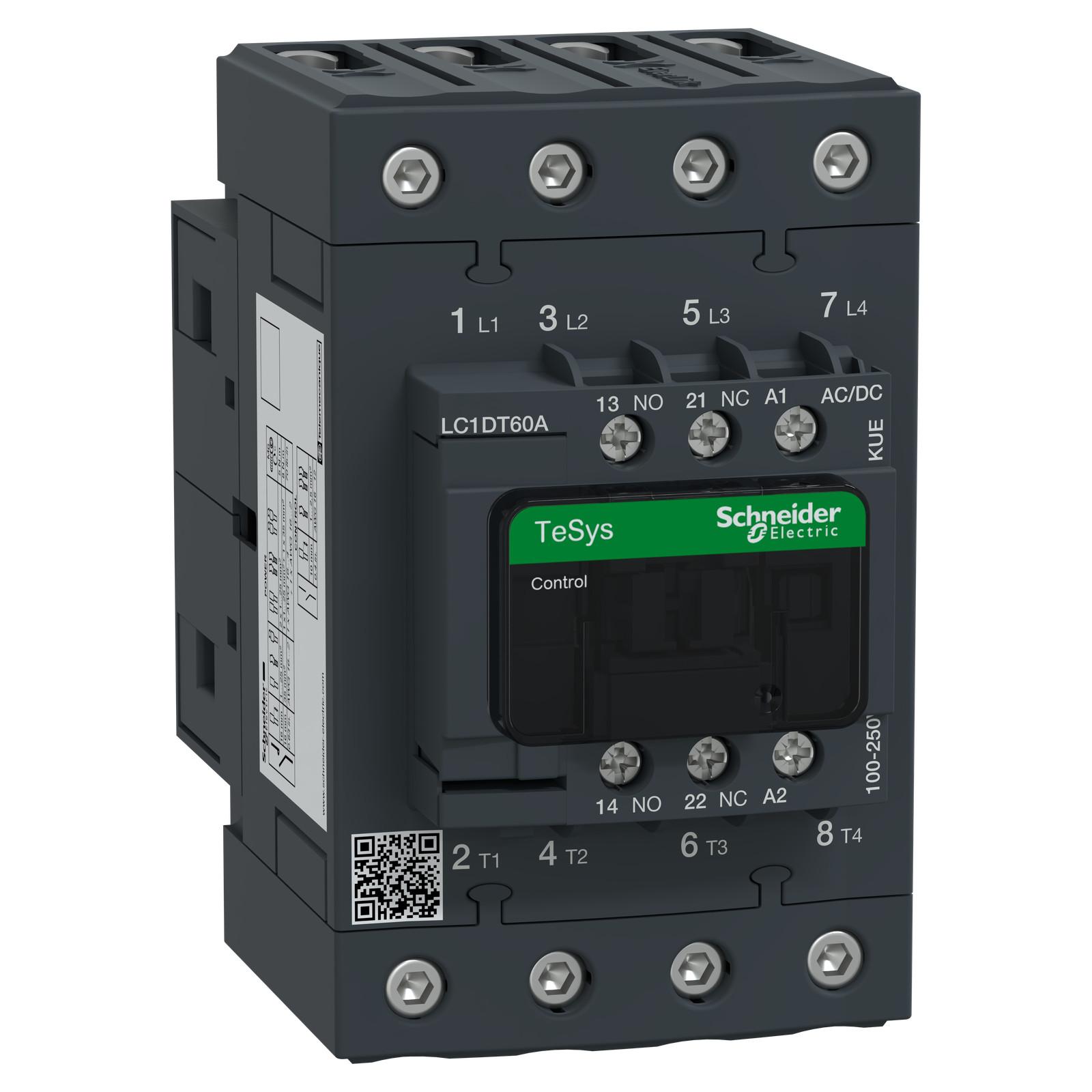 IEC contactor, TeSys Deca Green, nonreversing, 60A resistive, 4 pole, 4 NO, 100/250VAC/VDC coil, open style