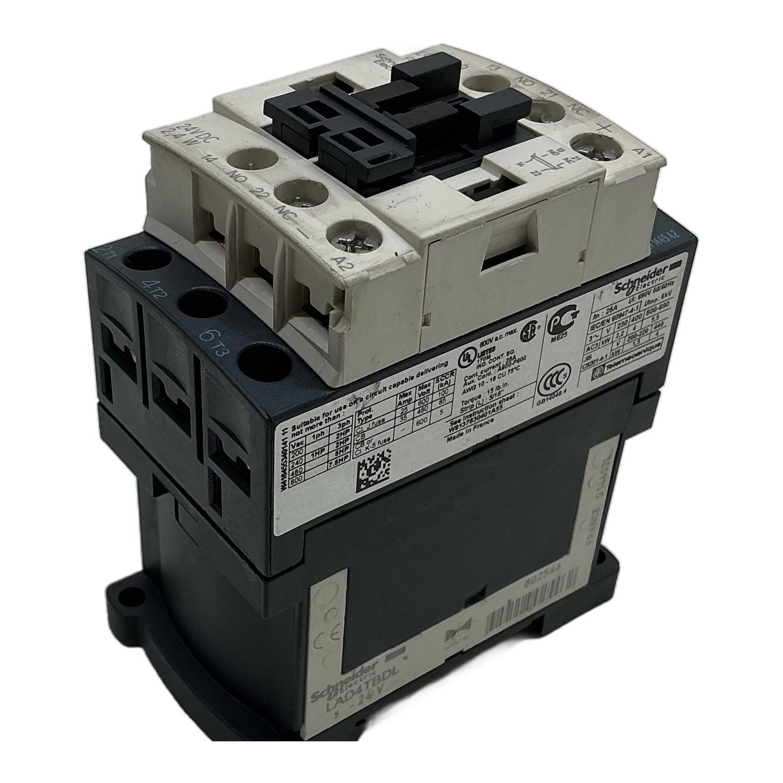 IEC contactor, TeSys Deca, nonreversing, 9A, 5HP at 480VAC, up to 100kA SCCR, 3 phase, 3 NO, low consumption 24VDC coil
