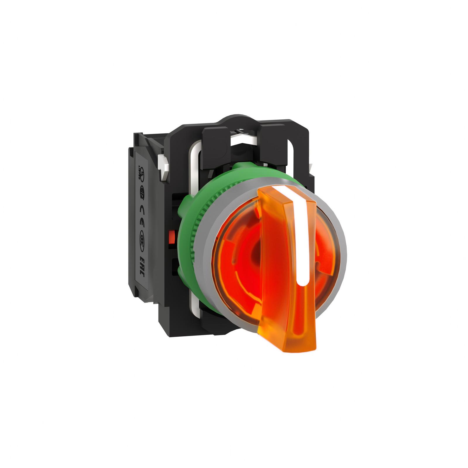 Illuminated selector switch, Harmony XB5, universal LED, grey bezel, yellow handle, 22mm, 3 positions, stay put, 1NO + 1NC, 24V AC DC