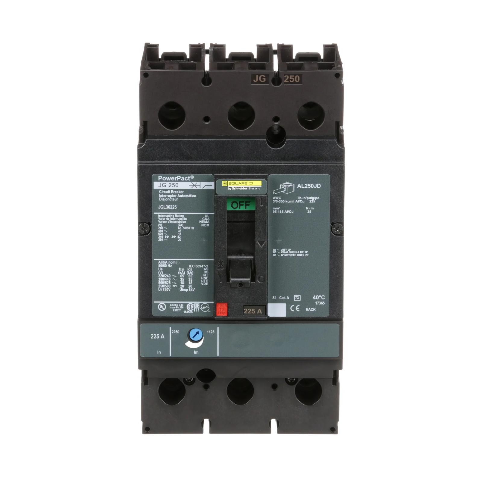 Circuit breaker, PowerPacT J, 225A, 3 pole, 600VAC, 18kA, lugs, thermal magnetic, 80%