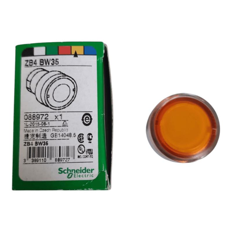 Head for illuminated push button, Harmony XB4, metal, flush, orange, 22mm, spring return, plain lens for BA9s bulb