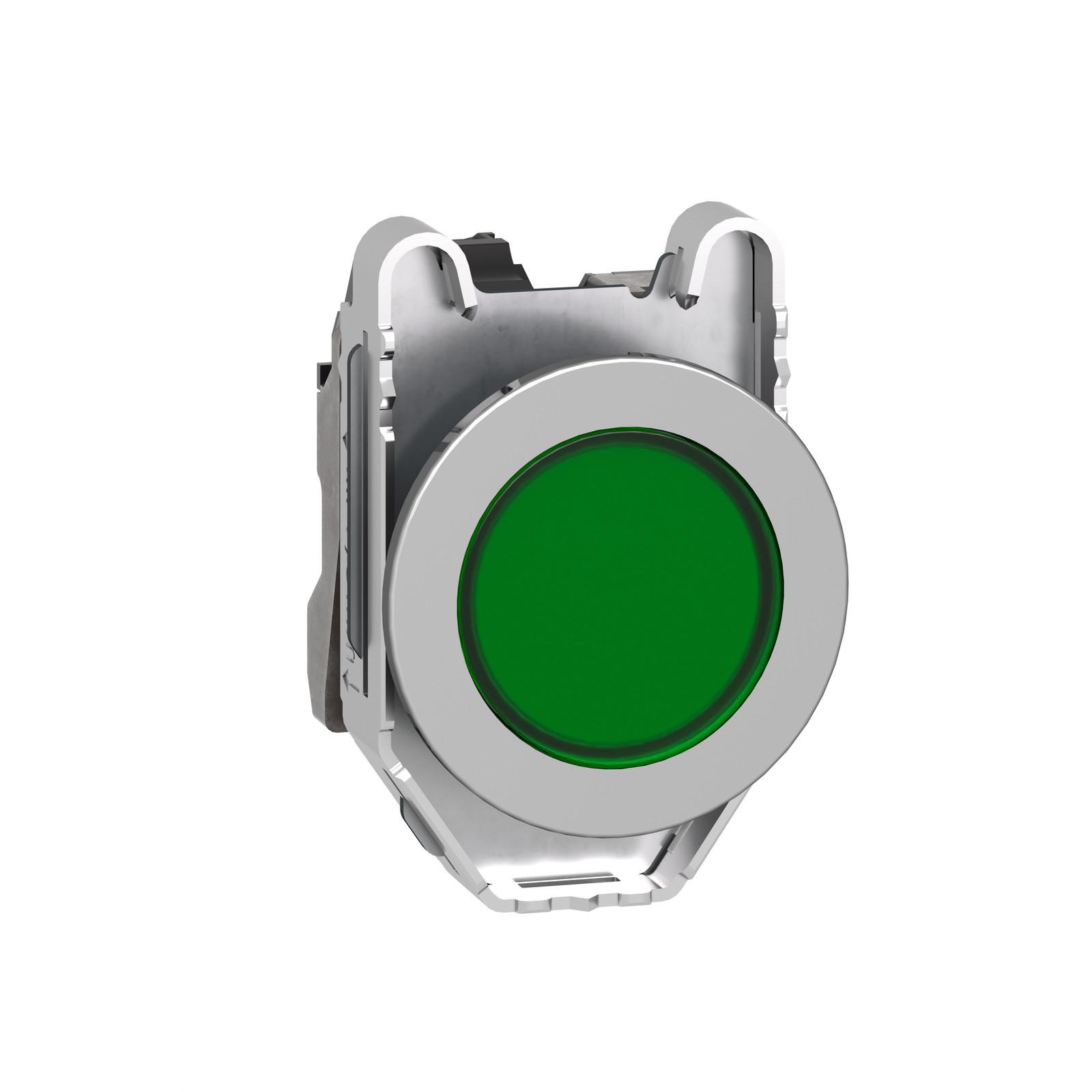 Pilot light, Harmony XB4, grey plastic, green flush mounted, 30mm, universal LED, plain lens, 110…120V AC