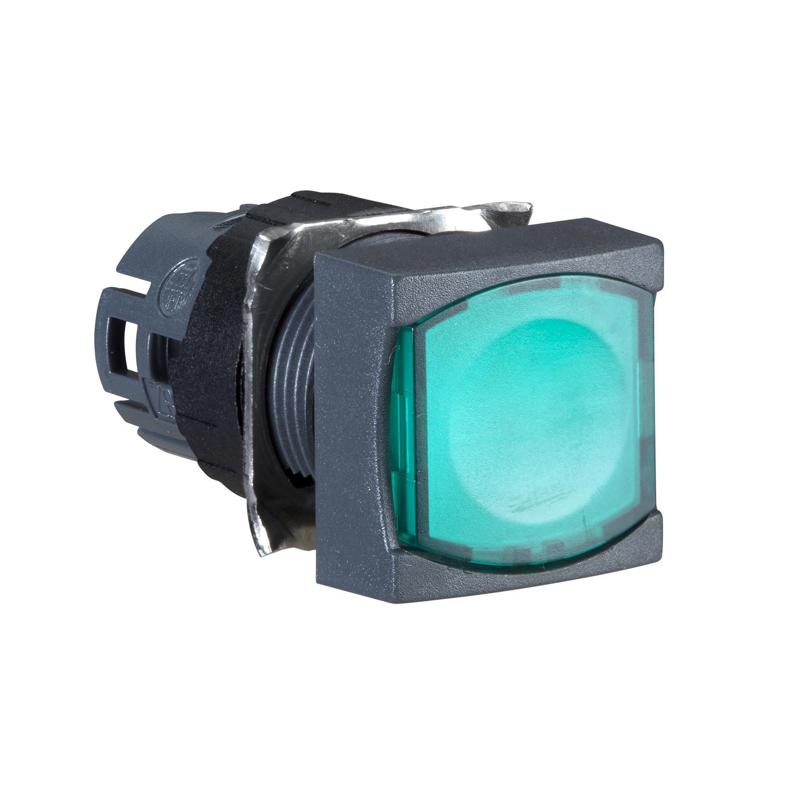 Head for illuminated push button, Harmony XB6, green square flush, 16mm, integral LED, latching, unmarked