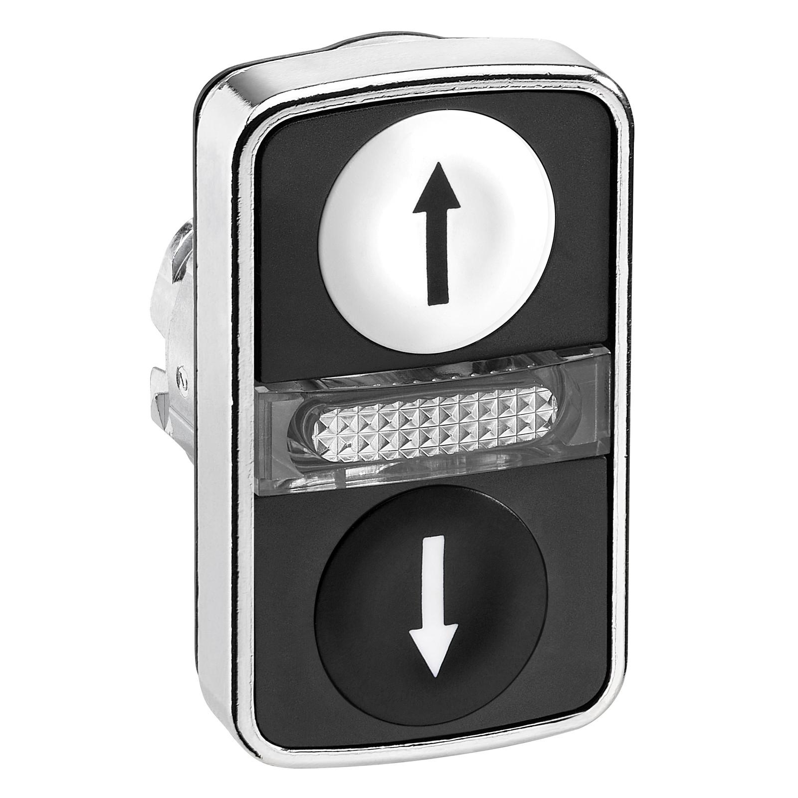 Illuminated double headed push button head, Harmony XB4, metal, 22mm, 1 white flush UP ARROW + 1 pilot light + 1 black flush DOWN ARROW