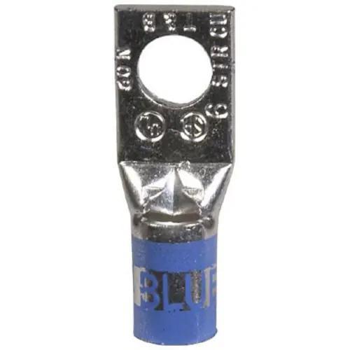Copper One-Hole Lug, Standard Barrel, Peep Hole, Max 35kV, Wire Size #6 AWG Wire, 1/4 Inch Bolt Size, Tin Plated, Die Code 24, Die Color Code Blue