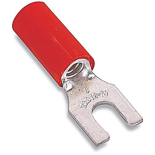 Nylon Insulated Ring Terminal, Length .89 Inches, Width .26 Inches, Maximum Insulation .136, Bolt Hole #8, Wire Range #22-#16 AWG, Color Red, Tin Plated