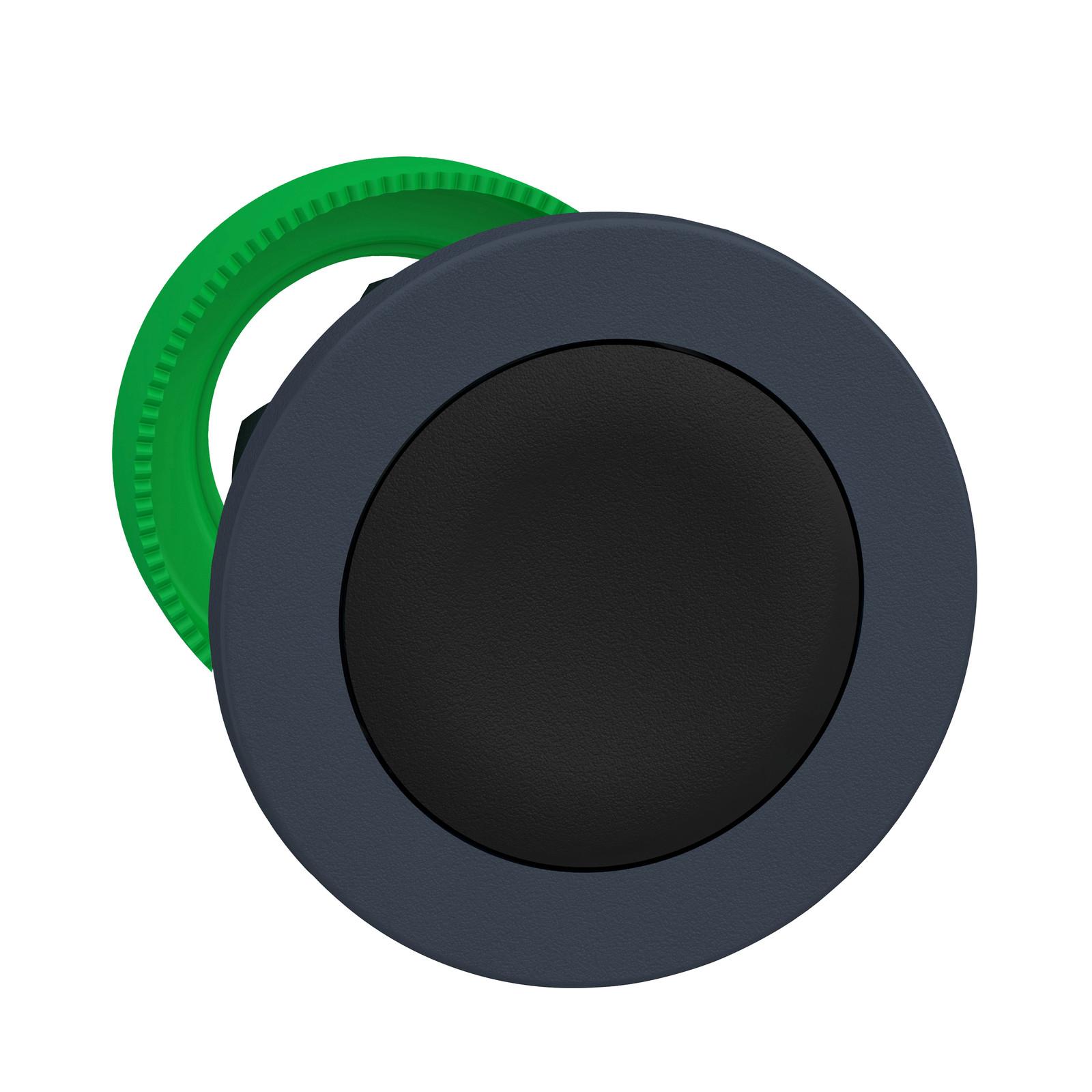 Antimicrobial Flush mounted push button head, Harmony XB5, plastic, black, 30mm, spring return, unmarked