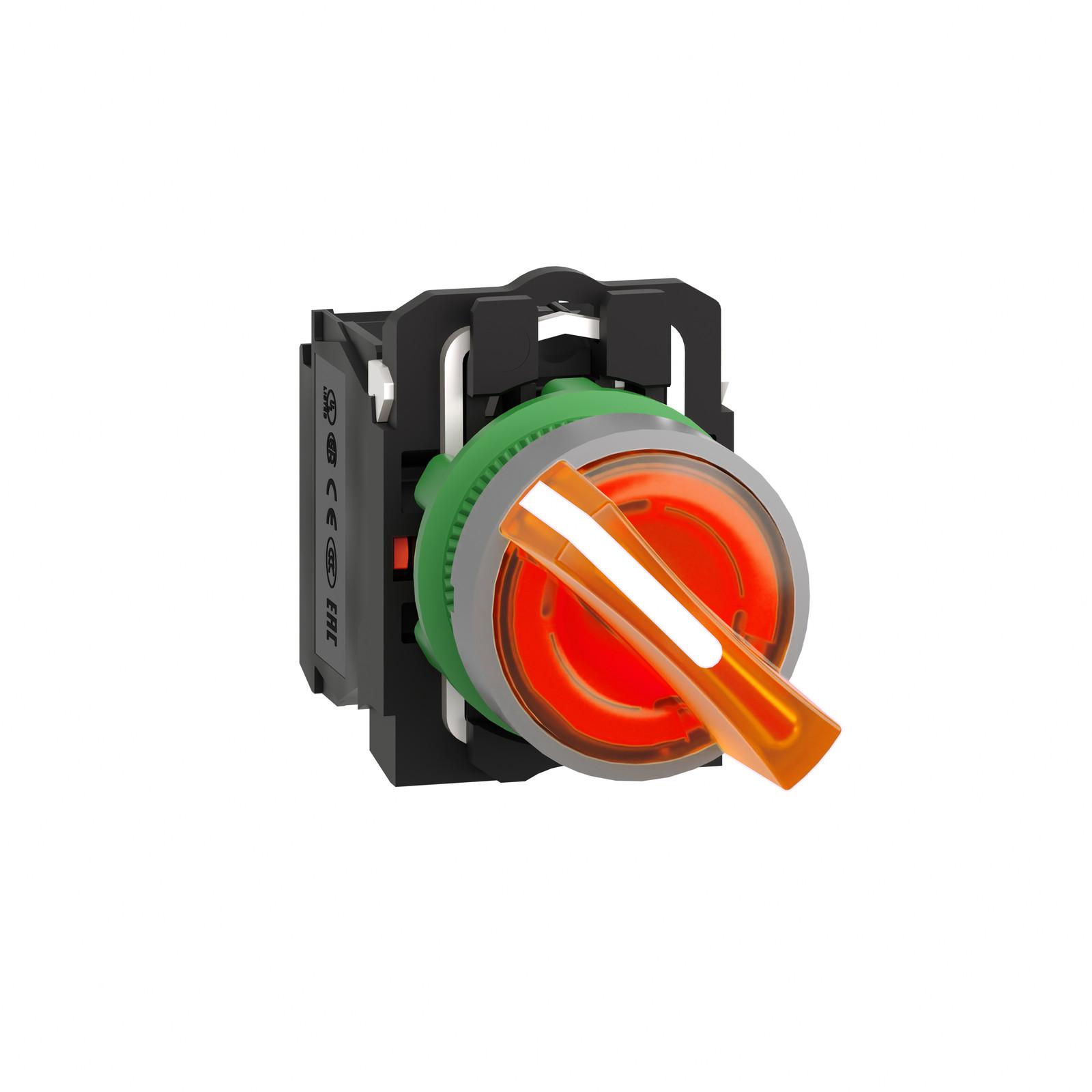 Illuminated selector switch, Harmony XB5, grey bezel, yellow handle, 22mm, universal LED, 2 positions, 1NO + 1NC, 120V AC