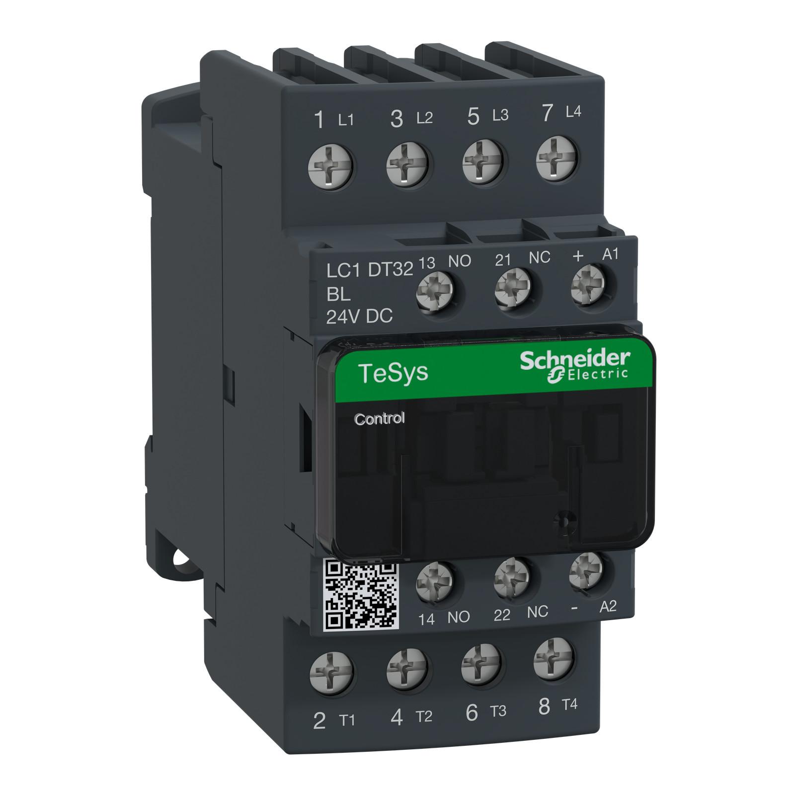 IEC contactor, TeSys Deca, nonreversing, 32A resistive, 4 pole, 4 NO, low consumption 24VDC coil, open style