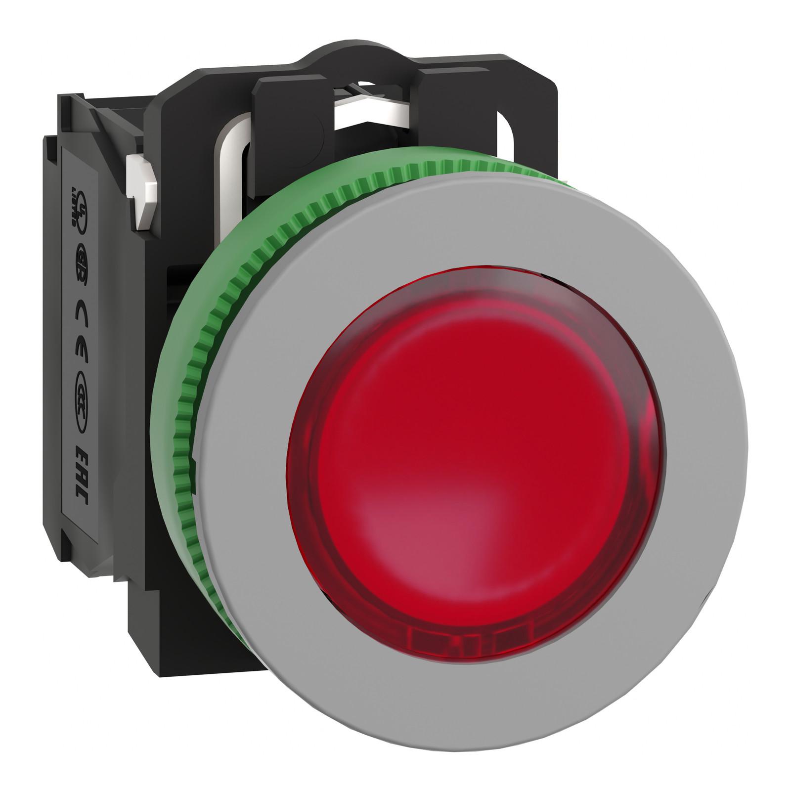 Illuminated push button, Harmony XB5, antimicrobial, grey bezel, red flush, 30mm, universal LED, 24V AC DC, 1NO + 1NC