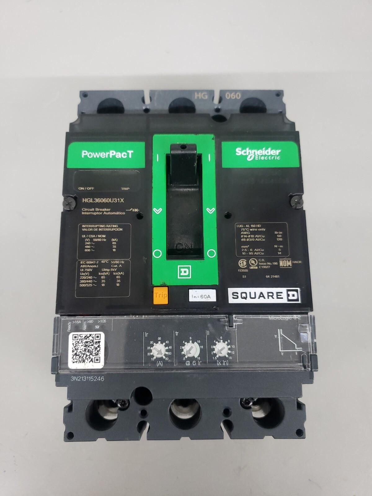 Circuit breaker, PowerPacT H, 60A, 3 pole, 600VAC, 18kA, lugs, Micrologic 3.2, 80%