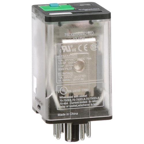 General purpose relay, SE Relays, 750R, DPDT, 10A, 12 VDC, octal terminal 8 pins, clear cover with LED, lock push button
