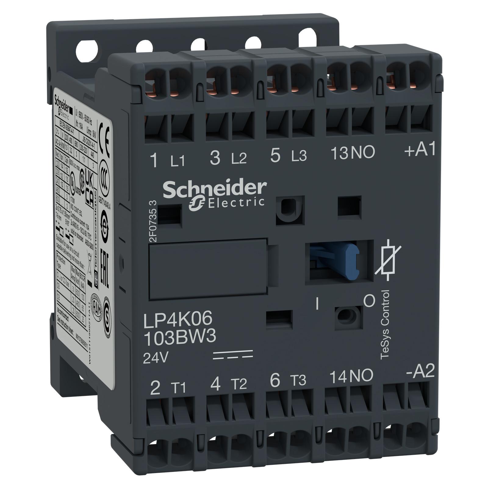 Contactor, TeSys K, 3P, AC-3, lt or eq to 440V, 9A, 1 NO aux, 24VDC coil