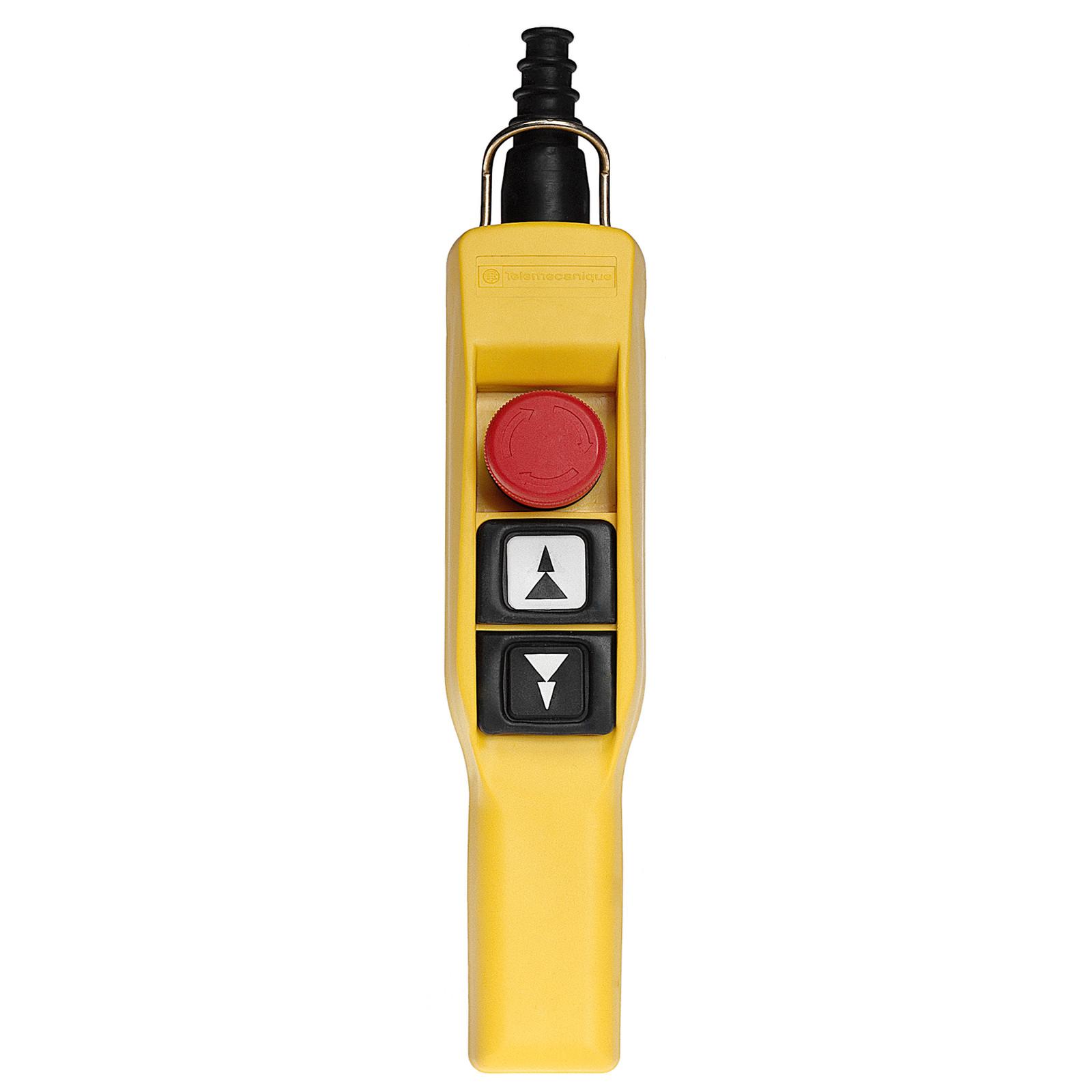 Pendant control station, Harmony XAC, plastic, yellow, pistol grip, 2 booted push buttons with 2NO, 1 emergency stop NC