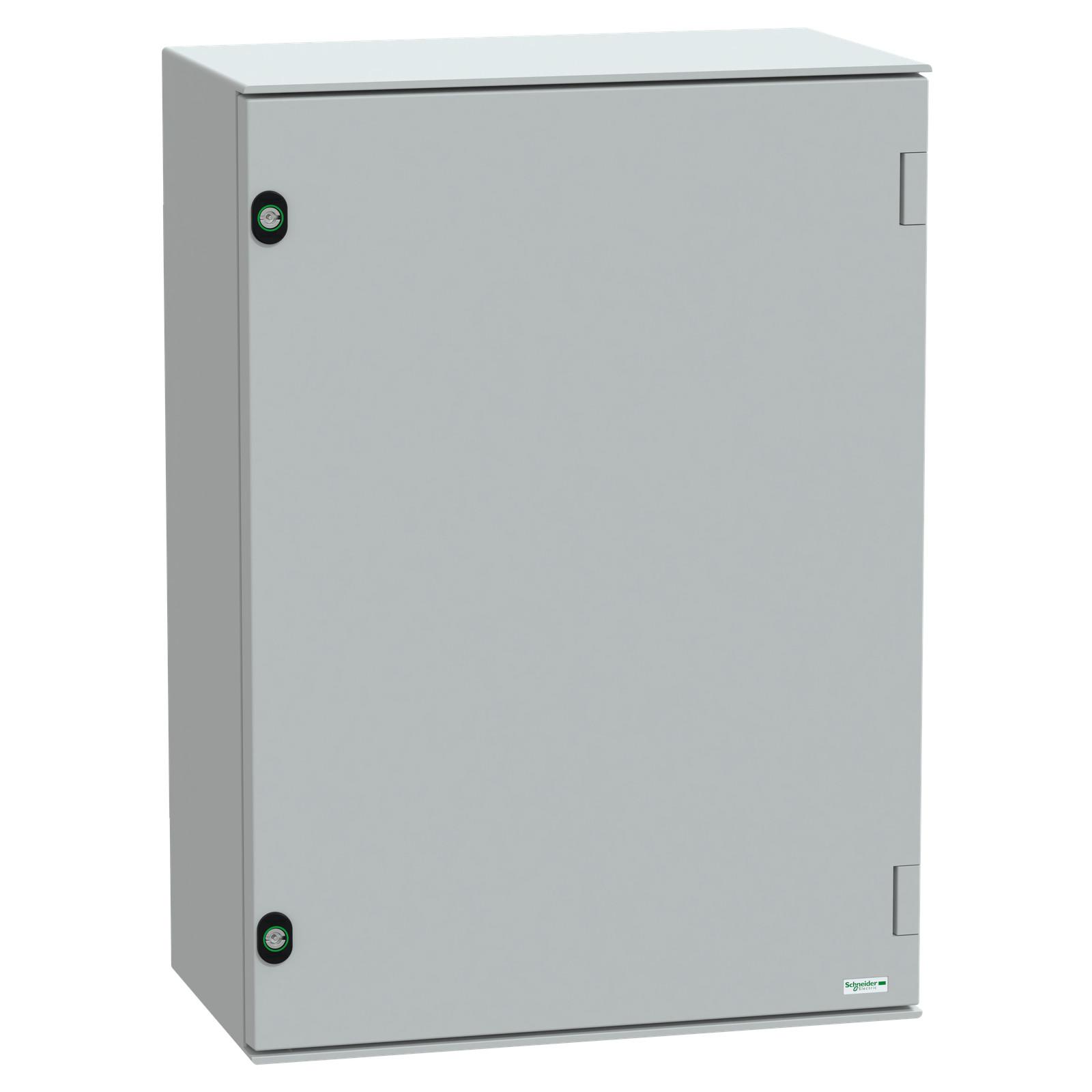Wall mounted polyester enclosure, Thalassa PLM, plain door, with bakelite plate, 747x536x300mm, IP66, IK10, RAL 7035